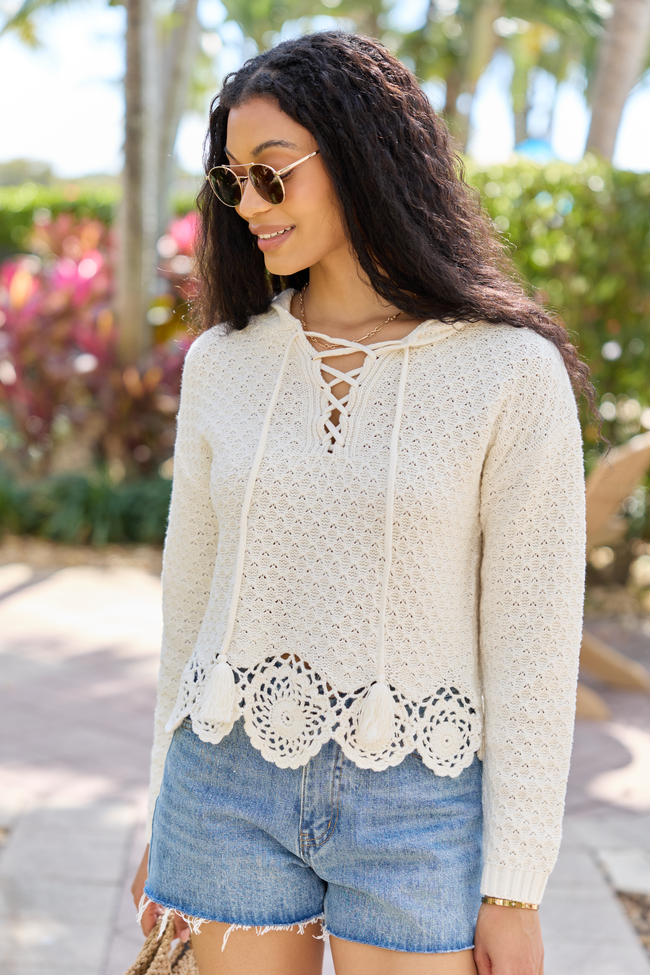Harrisyn Ivory Cropped Crochet V-Neck Hoodie
