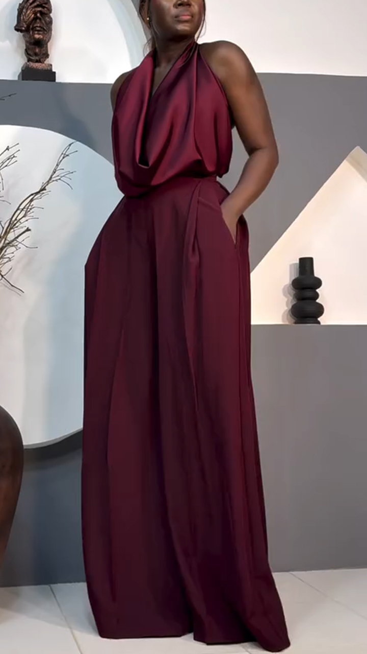 Women Halterneck Top + Pants Solid Color Temperament Casual Suit