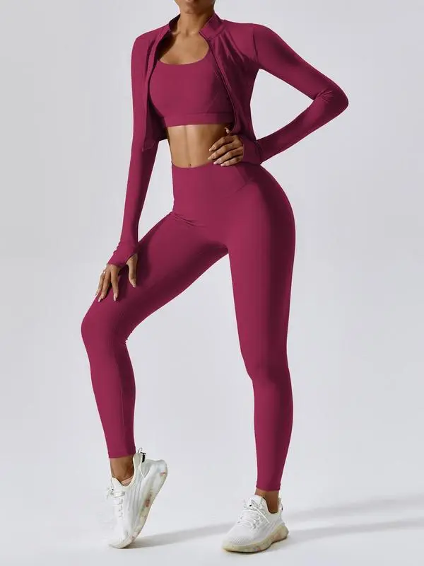 Women's Solid Criss Top & High Waist Leggings & Jacket Set
