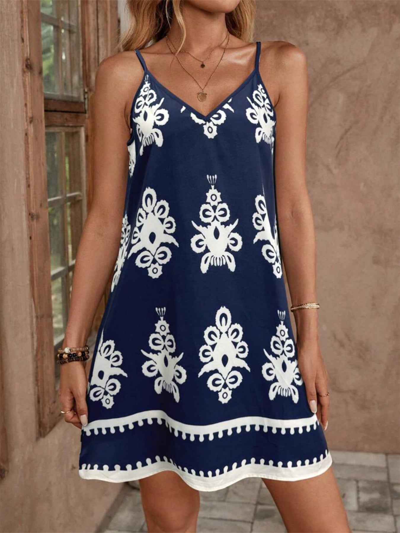 Printed V-Neck Sleeveless Mini Dress