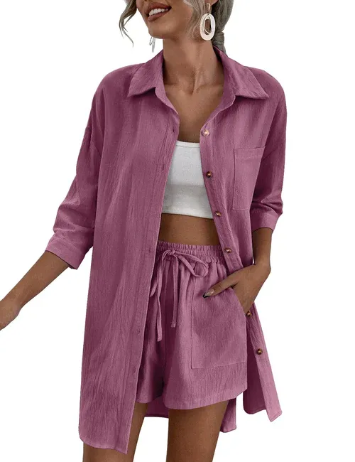 2025 Women's Linen 2-Piece Lounge Set – High-Low Shirt & Drawstring Shorts