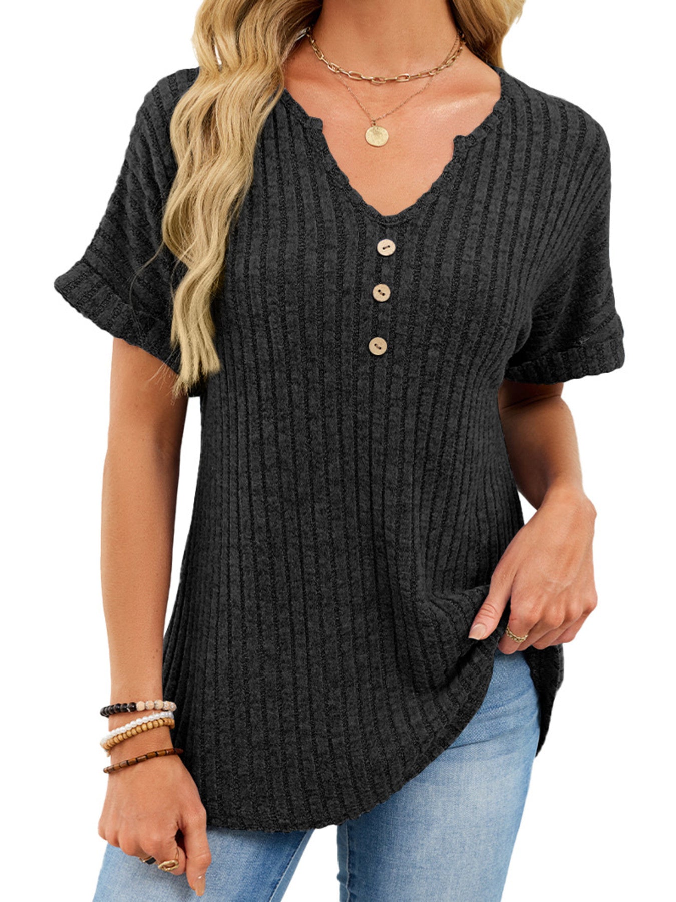 Ribbed Knit Short Sleeve T-Shirt