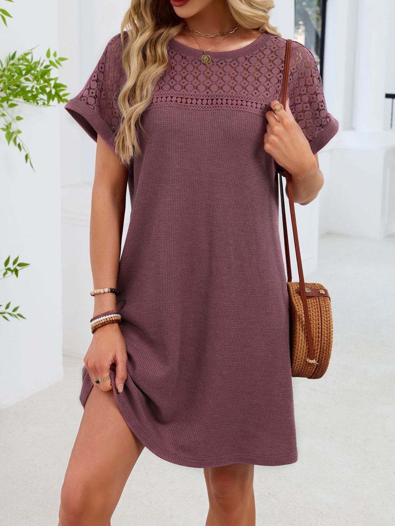 Lace Round Neck Short Sleeve T-Shirt Dress