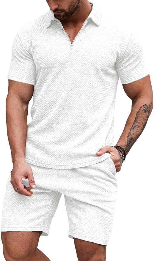 Men's Polo Shirt and Shorts Set Soild Color Geometric Texture Casual Short Sleeve 2 Piece Outfits Sweatsuits Summer
