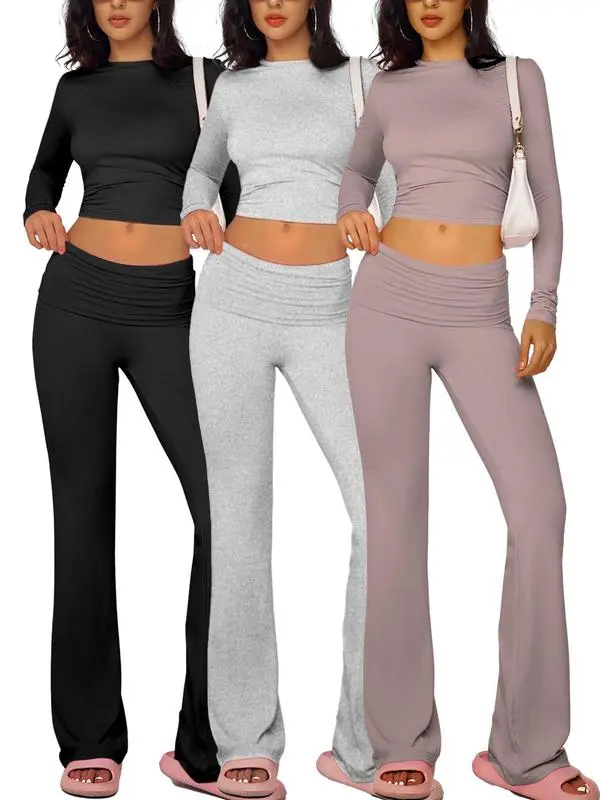 Women'S Solid Long Sleeve Crop Tee & Flare Leg Skinny Pants Loungewear Set