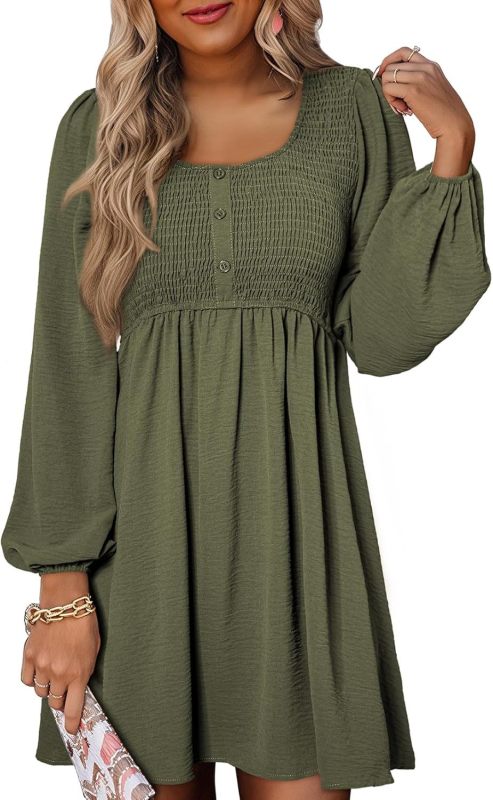 Casual Gathered Crew Neck Button-Down Long Sleeve High-Waisted A-Line Mini Dress