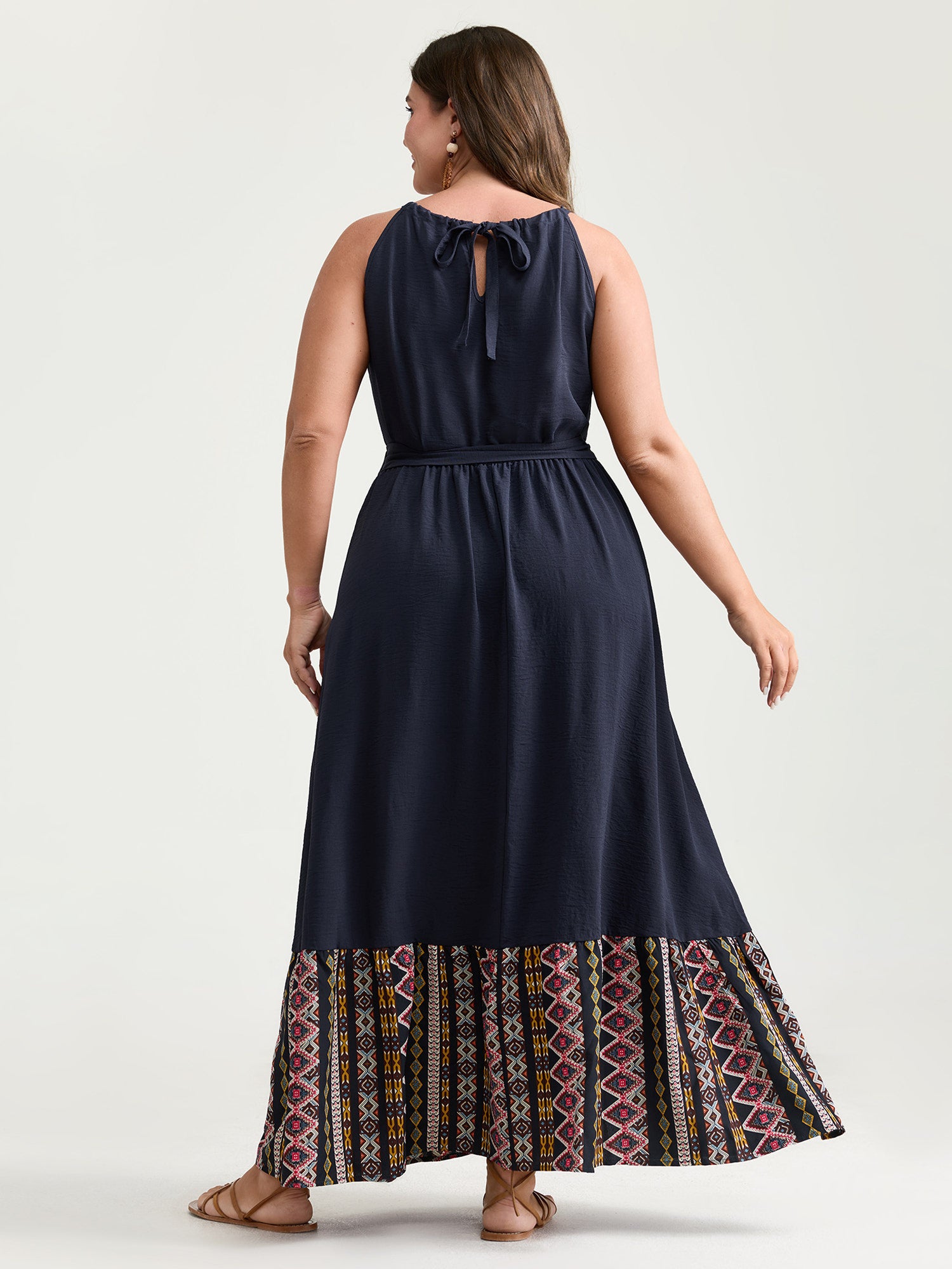 Colorful Boho Striped Hem Halter Neck Maxi Dress