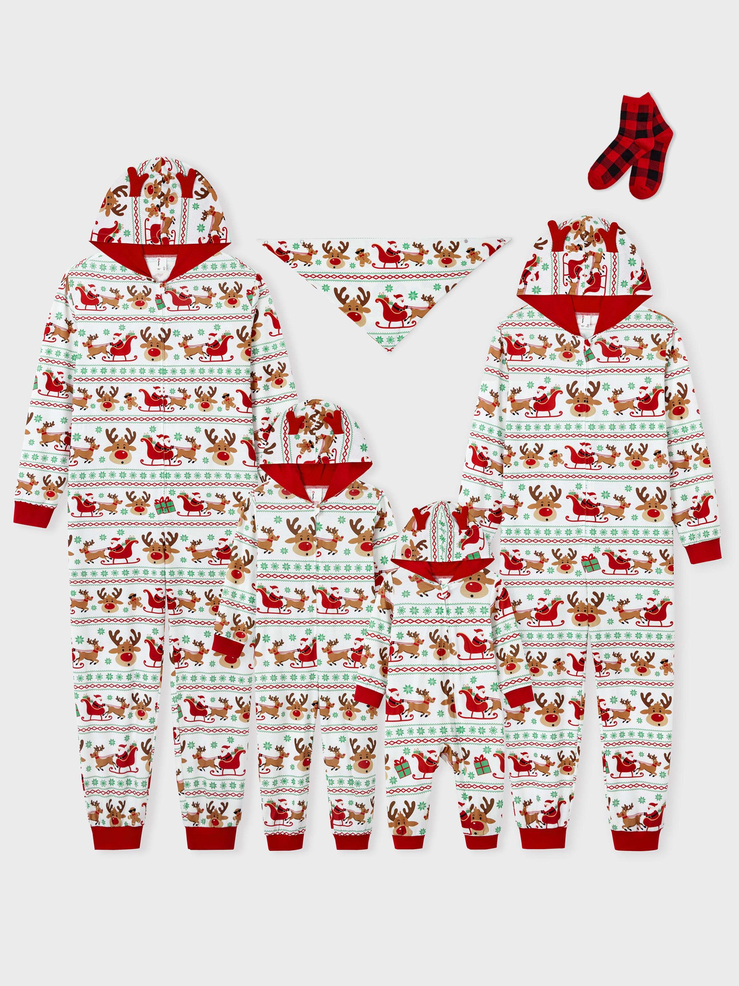 Christmas Onesies Matching Family Pajamas Set Reindeer Print Long-sleeve PJS with Christmas Socks Red