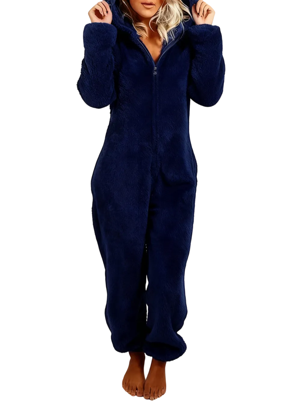 Women's Solid Zipper Hooded Plush Pajama Jumpsuit