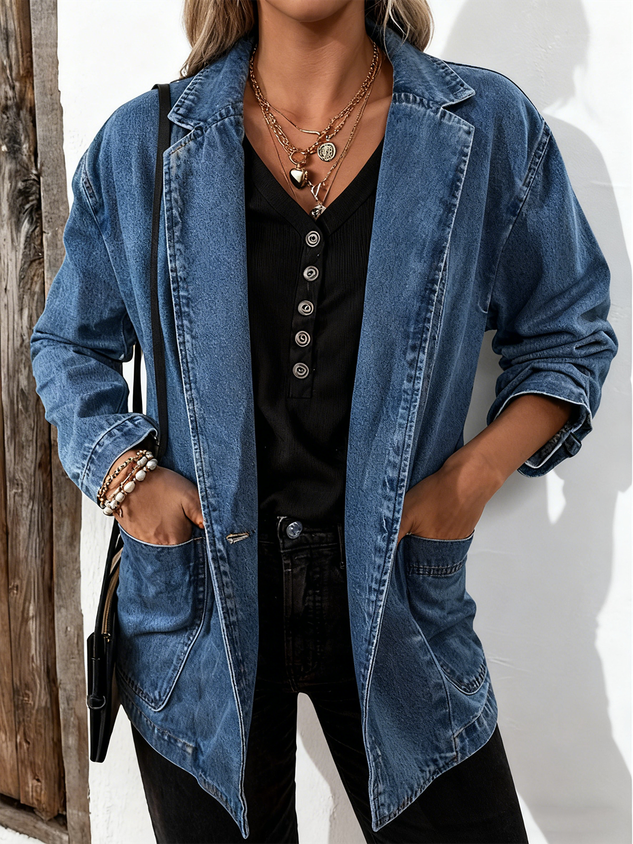 Elegant Commuter Slim Fit Suit Collar Solid Color Cardigan Denim Jacket