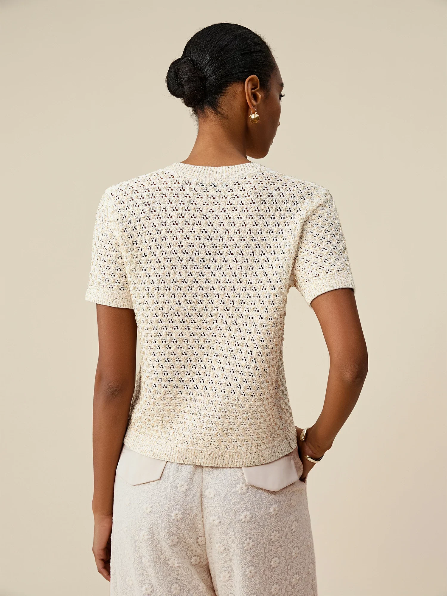Mulberry Silk Openwork Sequin Knitted T-Shirt