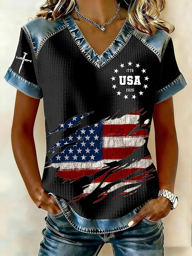 Women's Retro 250th Independence Day Round Neck Waffle Hoodie