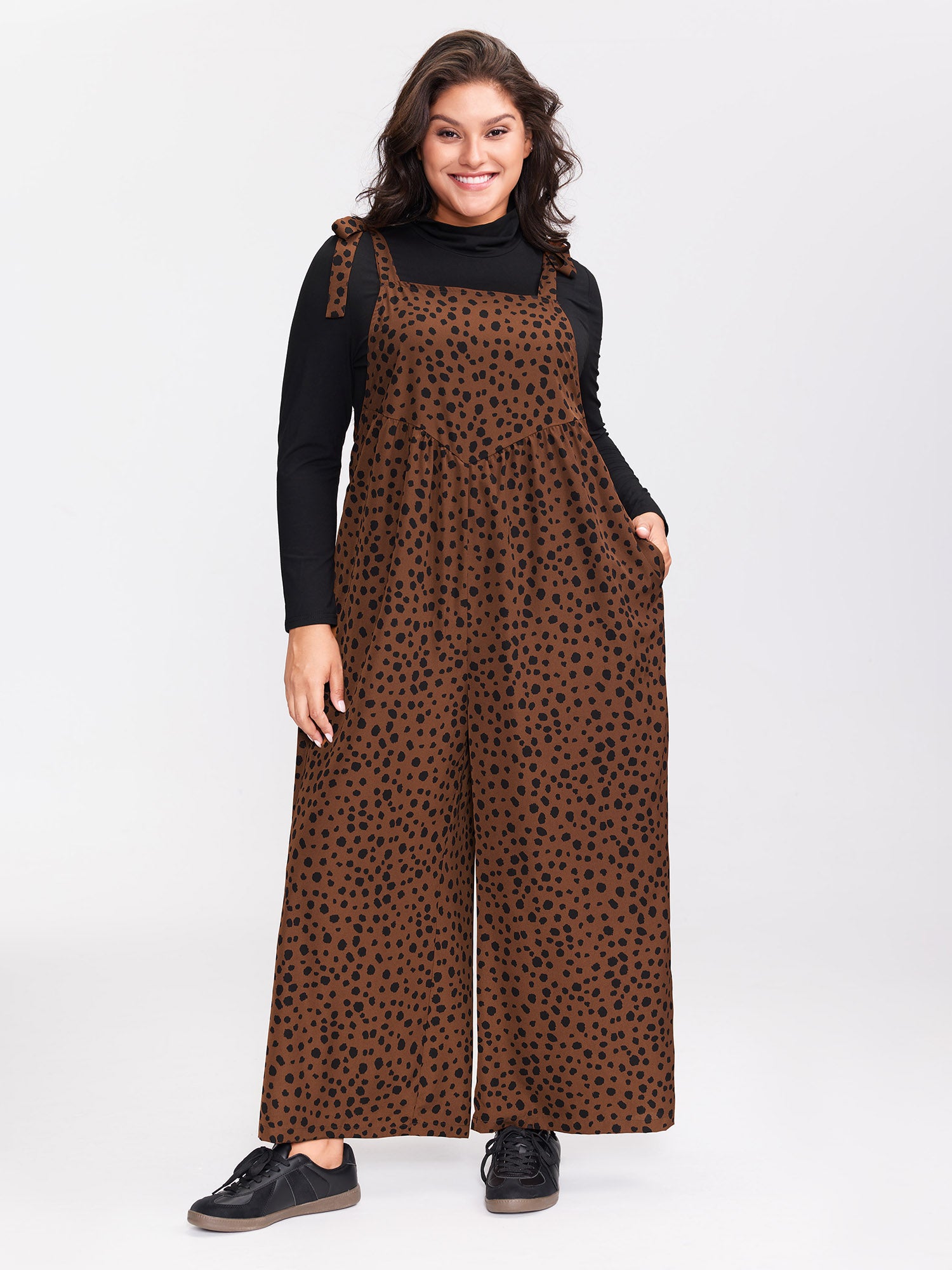Leopard Print Pockets Shoulder Ties Jumpsuit