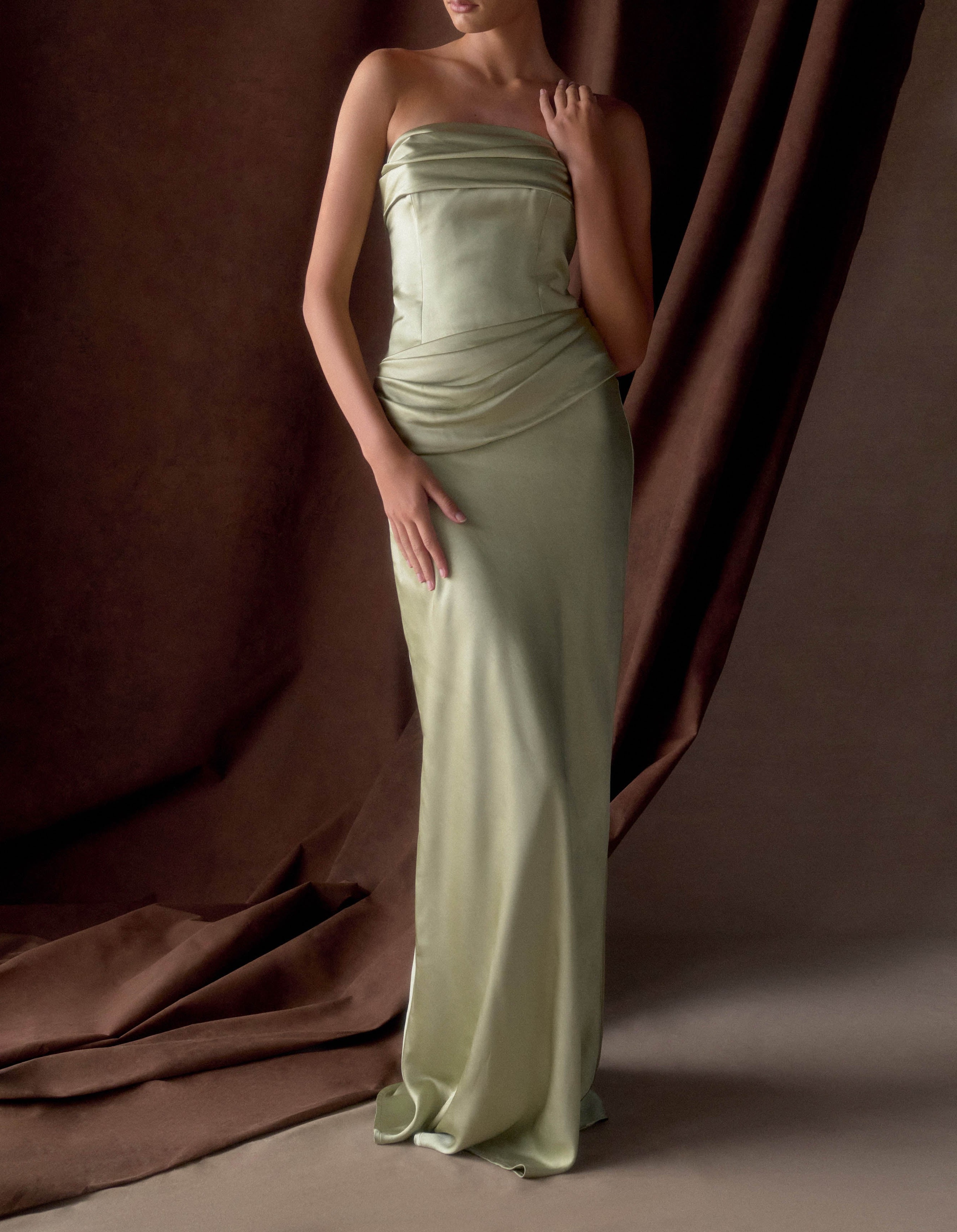 Sage Strapless Satin Maxi Dress