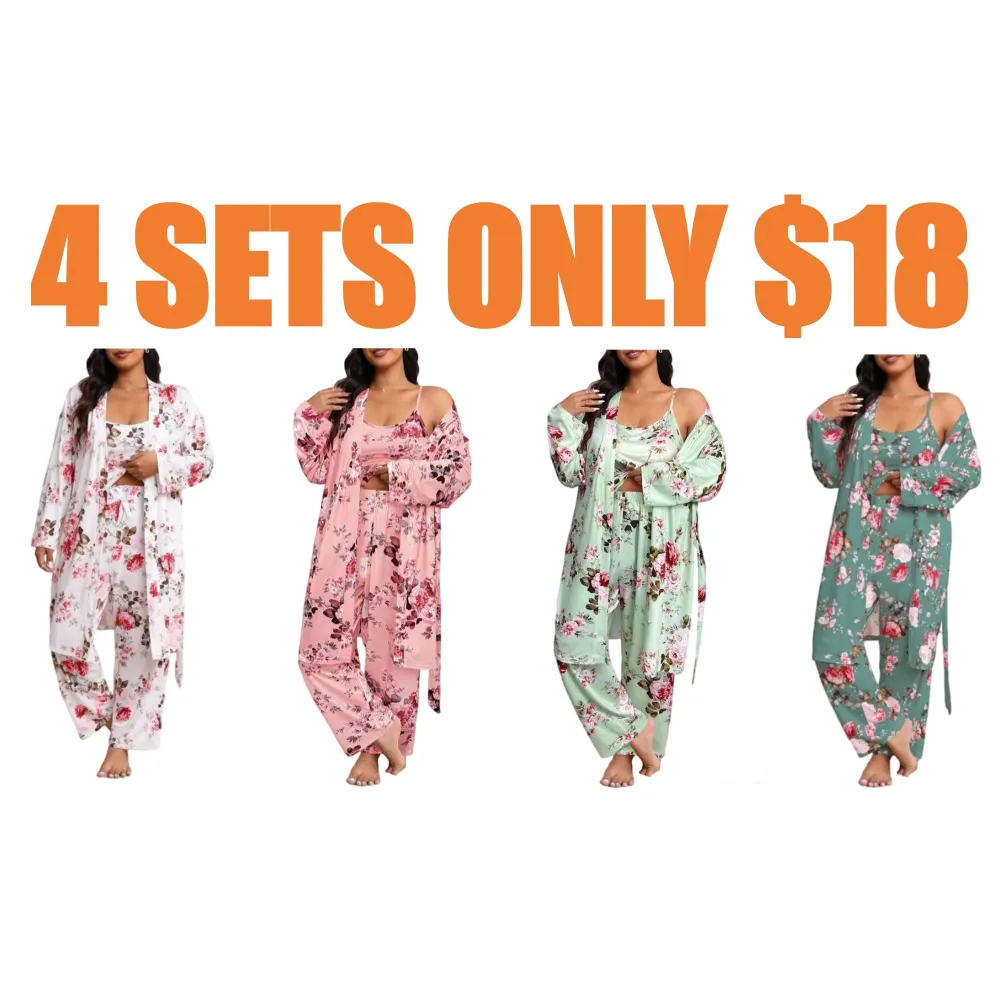 3-Piece Set Floral Print Belted Lounge Robe & Cami Top & Elastic