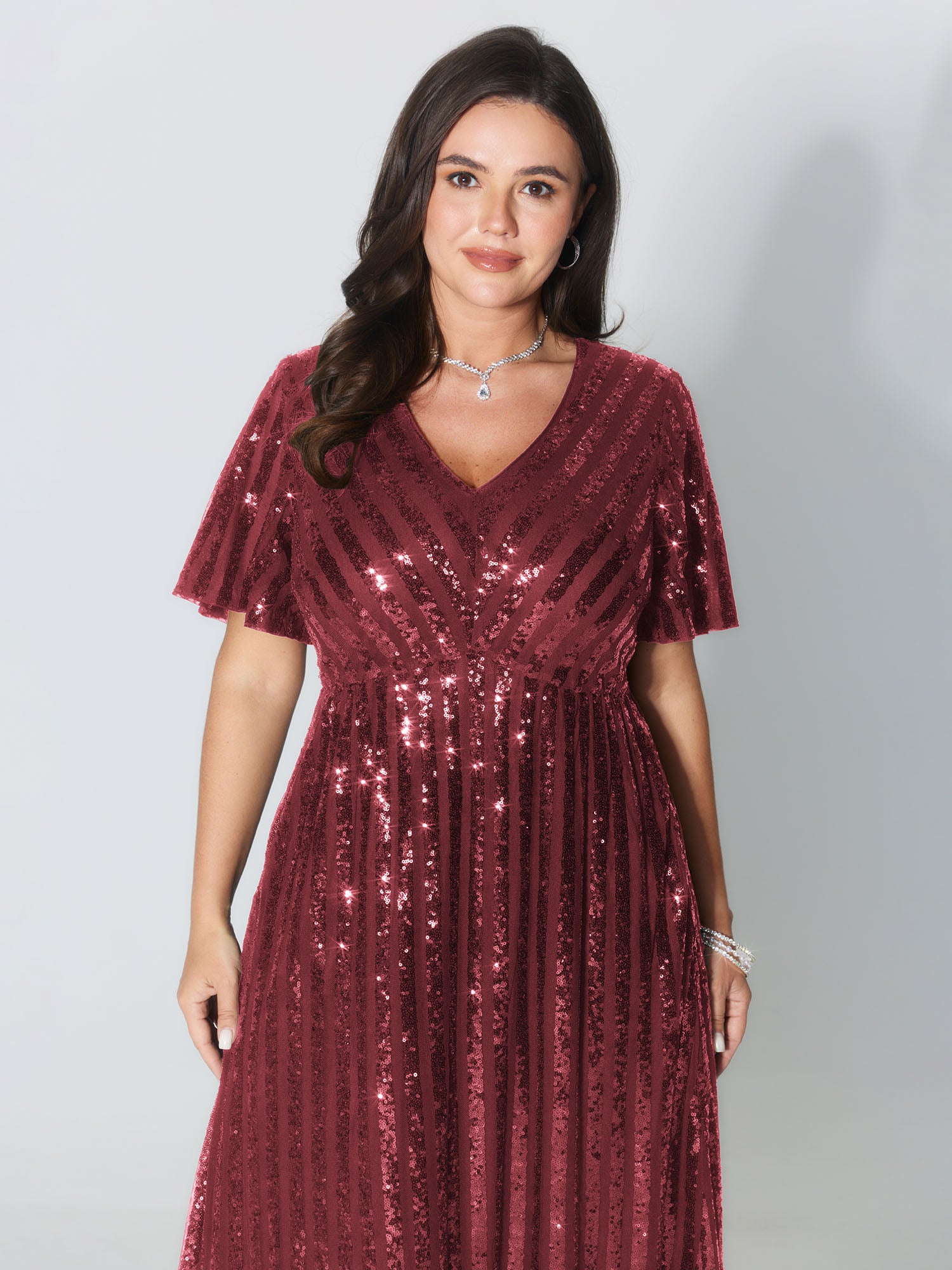 Shimmery Sequin V-Neck Midi Dress