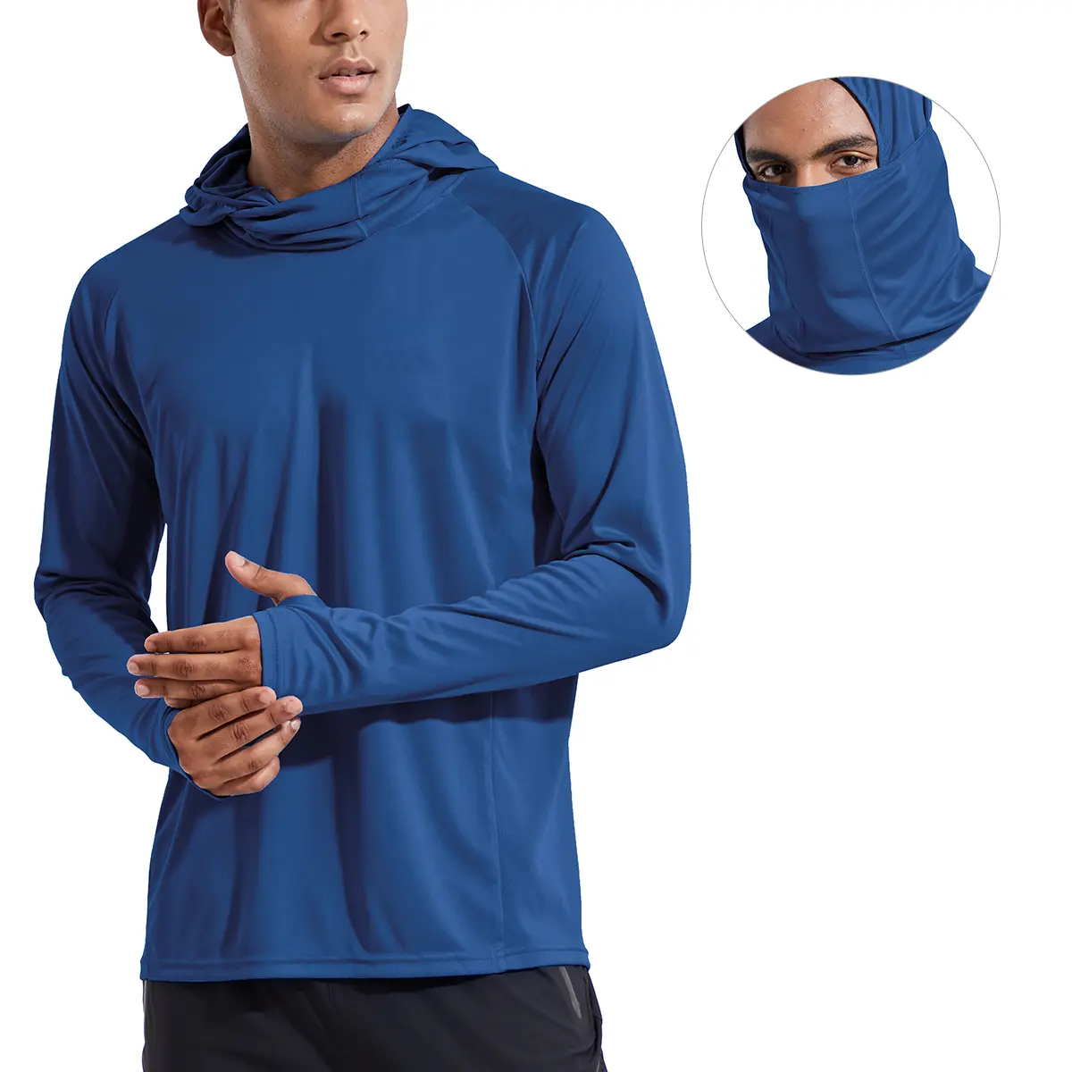 Men Sun Protection Hoodie Face Mask UPF50+ Long Sleeve Thumbholes UV SPF Shirt