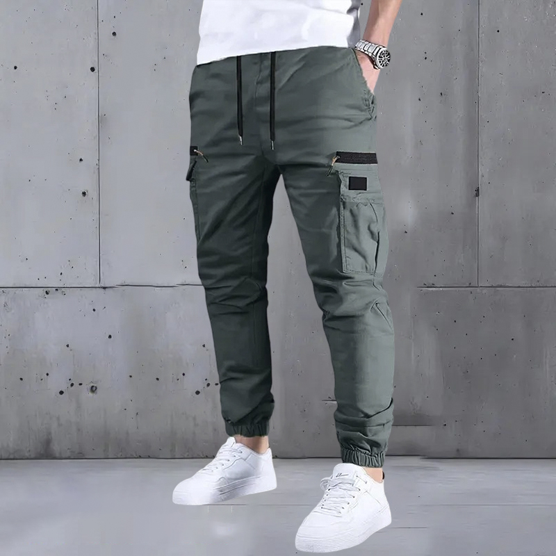 Men’s long cargo pants with a drawstring waist and multiple pockets