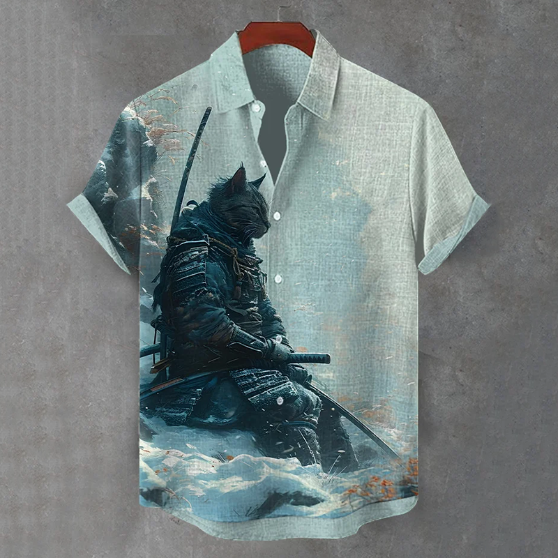 Men's Japanese Cat Samurai Art Casual Short Sleeve Shirts
