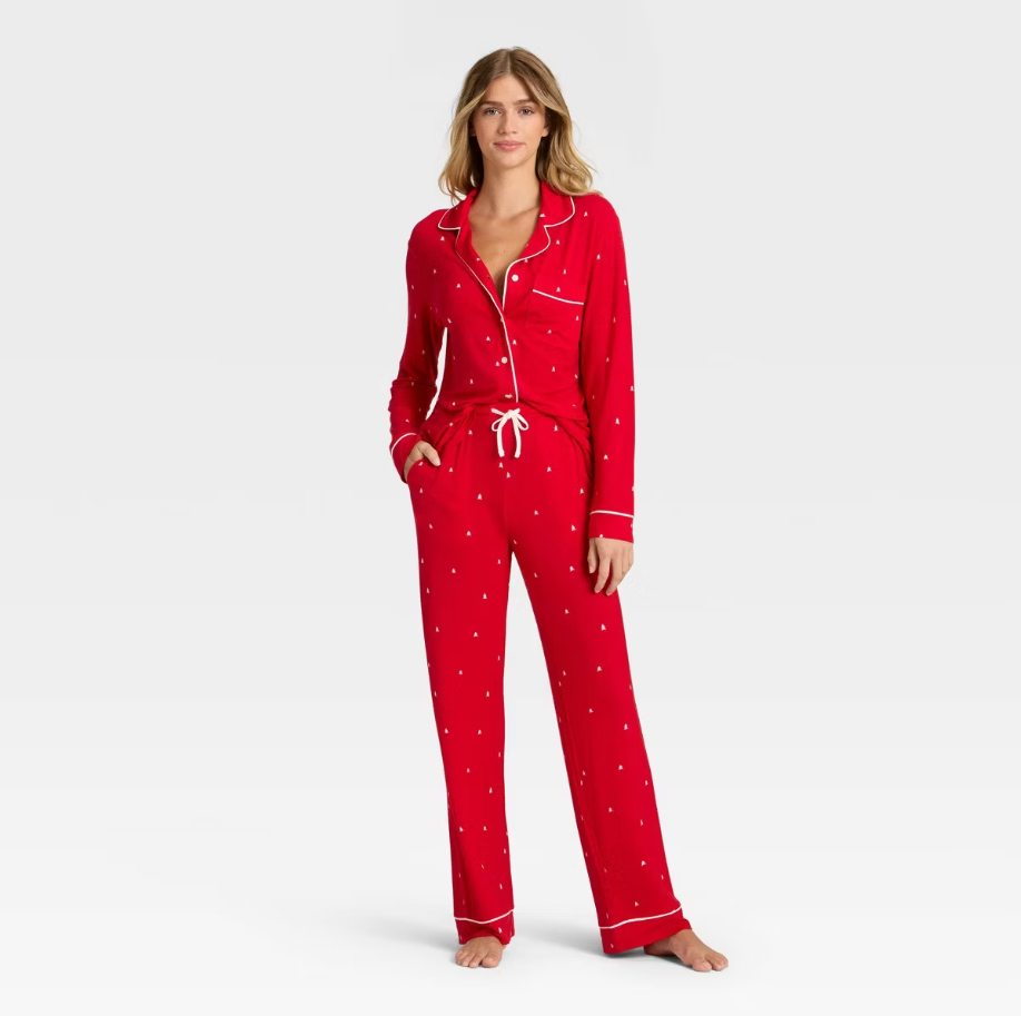 Cream Skiers, women's cloud knit modal long-sleeved collared top and pants pajama set