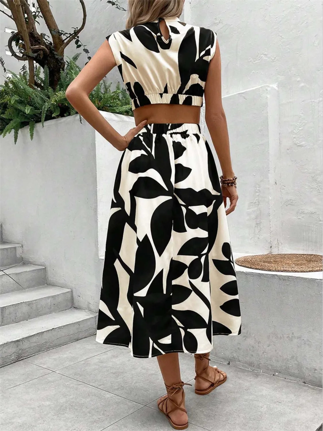Cutout Printed Cap Sleeve Midi Dress