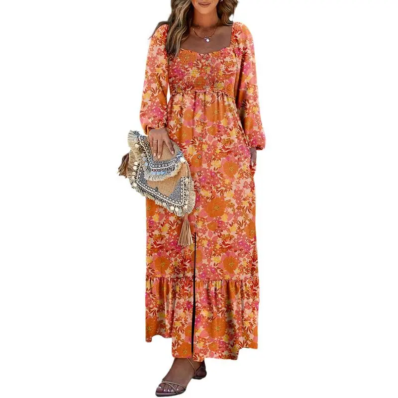 Boho Floral Smocked Square Neck Long Sleeve Maxi Dress