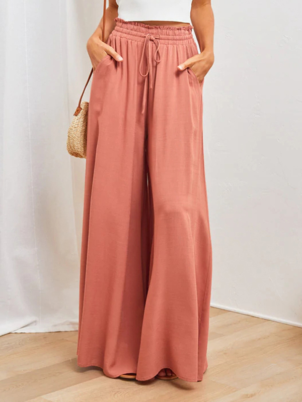Drawstring Elasticity Pleated Pockets Solid Color High Waisted Loose Trousers Pants