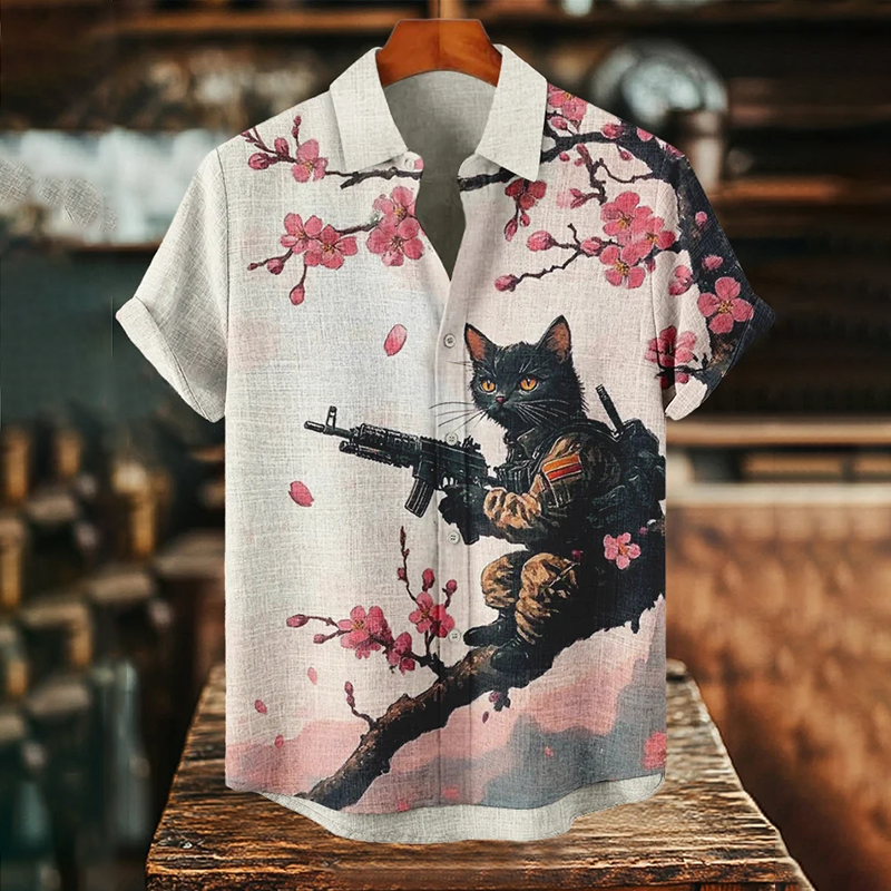 Men's Cats Fighting Under The Flower Tree Retro Nostalgic Print Art Print Casual Shirt