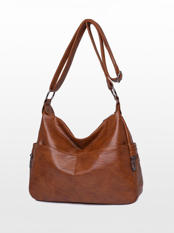 Vintage Solid Color Split-Joint Leather Shoulder Bag