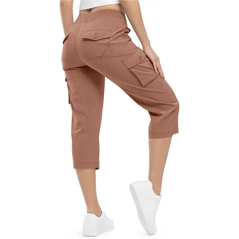 Womens Lightweight Capris Hiking Pants 6 Pockets Quick Dry Cargo Outdoor Trip Loose Shorts