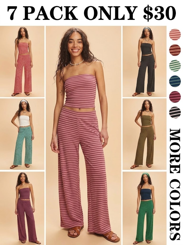 Women's Striped Print Crop Tube Top & Wide Leg Pants Set