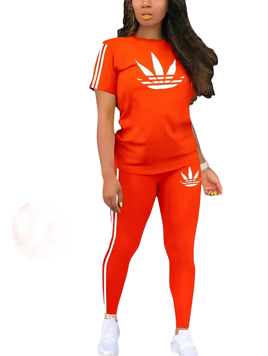 Women's Printed Casual Sporty Round Neck Drawstring Short Sleeve and Long Pants Two-Piece Set