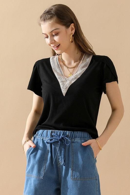 Gold Lace V Neck Ruffle Short Sleeve Top