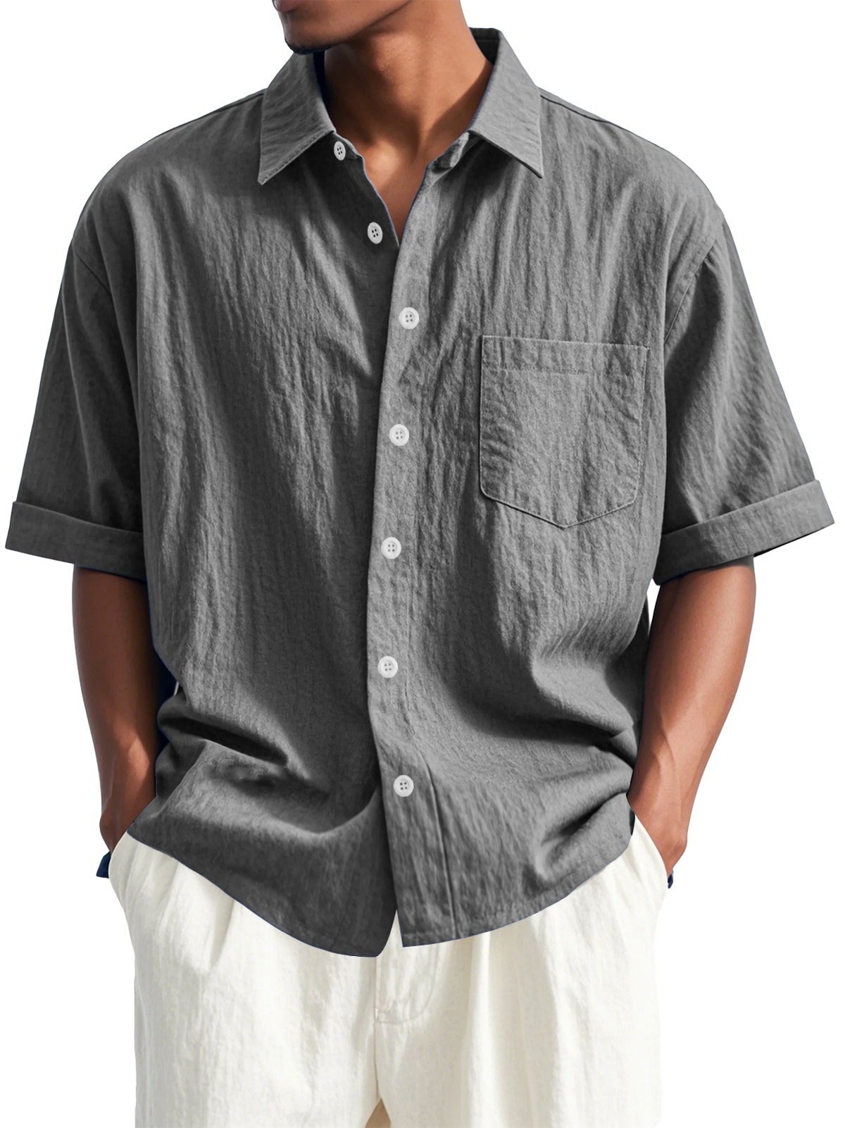 Men's Fashion Casual Pleated Fabric Short Sleeve Lapel Pocket Shirt
