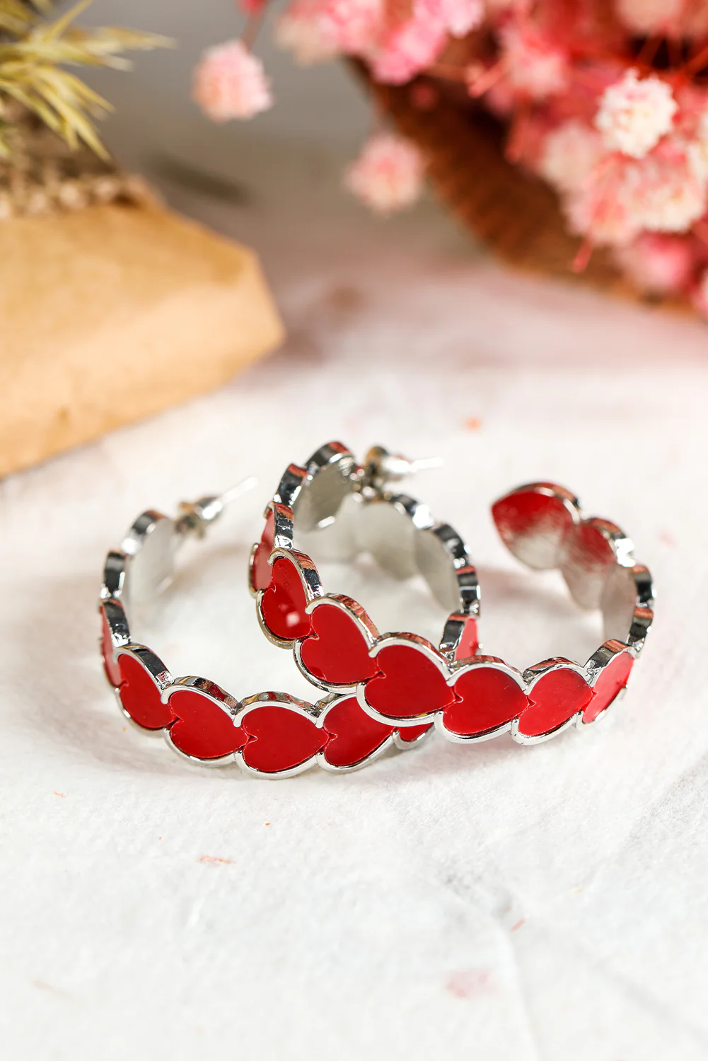 Fiery Red Hearts Decor Alloy C-shape Hoop Earrings