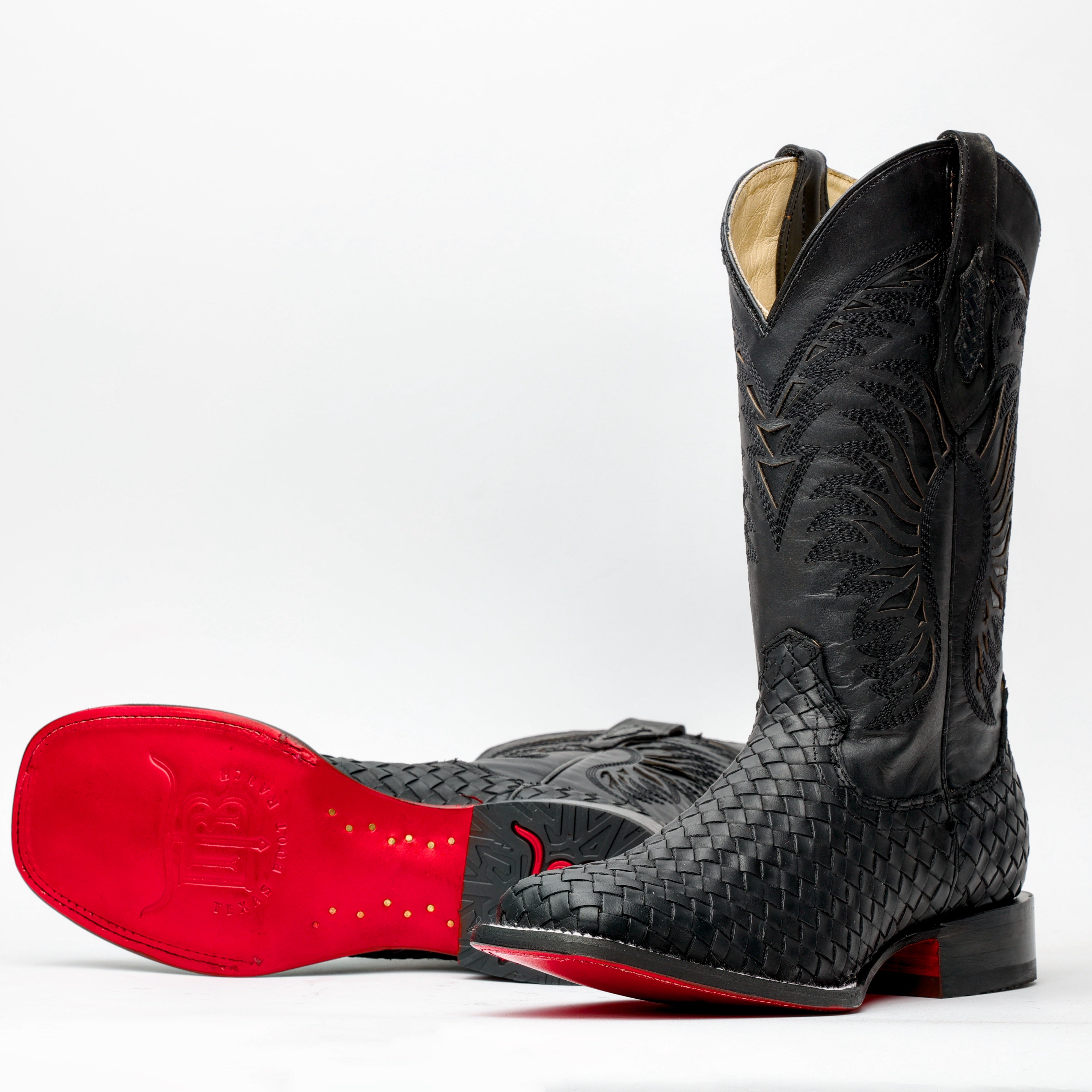 Black Basketweave Leather Boots - Square Toe