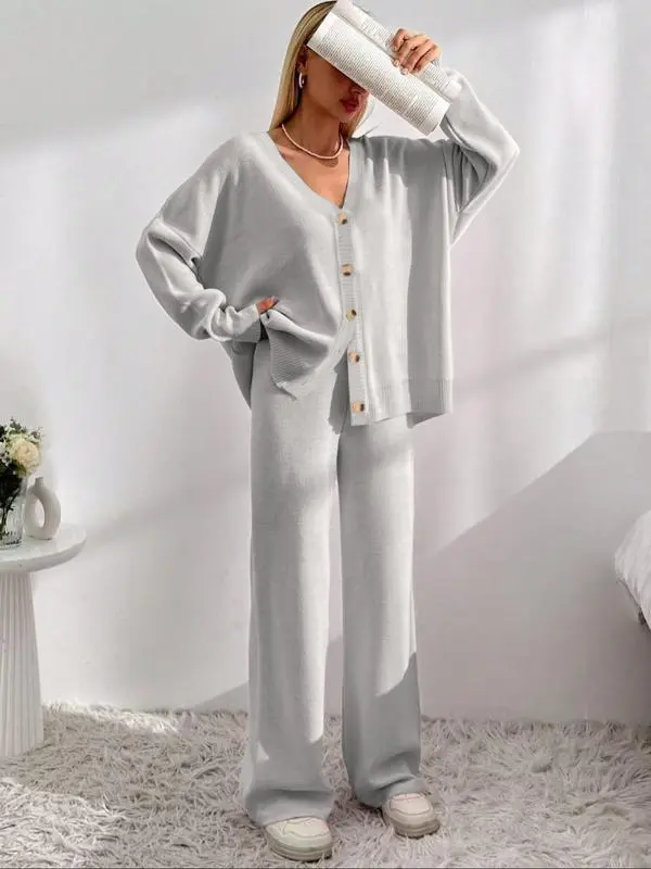 Women's Longsleeves  Cardigan & Wide Leg Pants Two-piece Set
