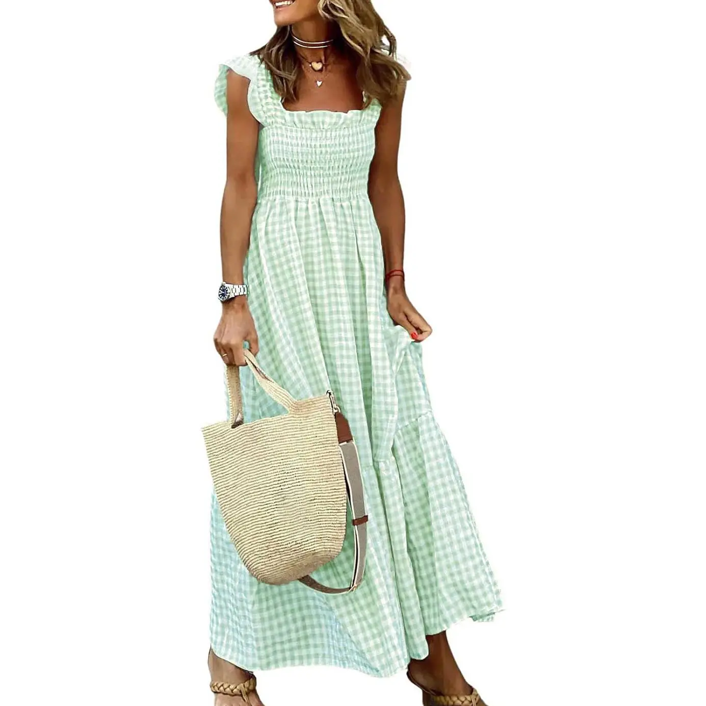 Women's Retro Plaid Smocked Dress Spaghetti Strap Flounce Long Casual Sleeveless Flowy Evening Fashion Basic with Pockets