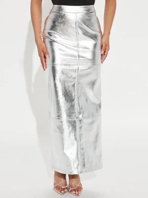 Spliced Slit Slim Fit PU Leather Maxi Skirt - xelpri
