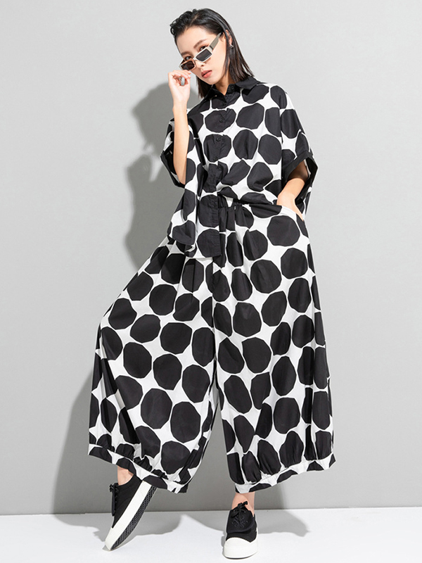 Urban White Black Polk-Dot Printed Wide Leg Pants