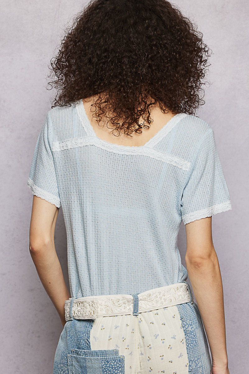 POL Lace Detail V-Neck Short Sleeve Textured T-Shirt