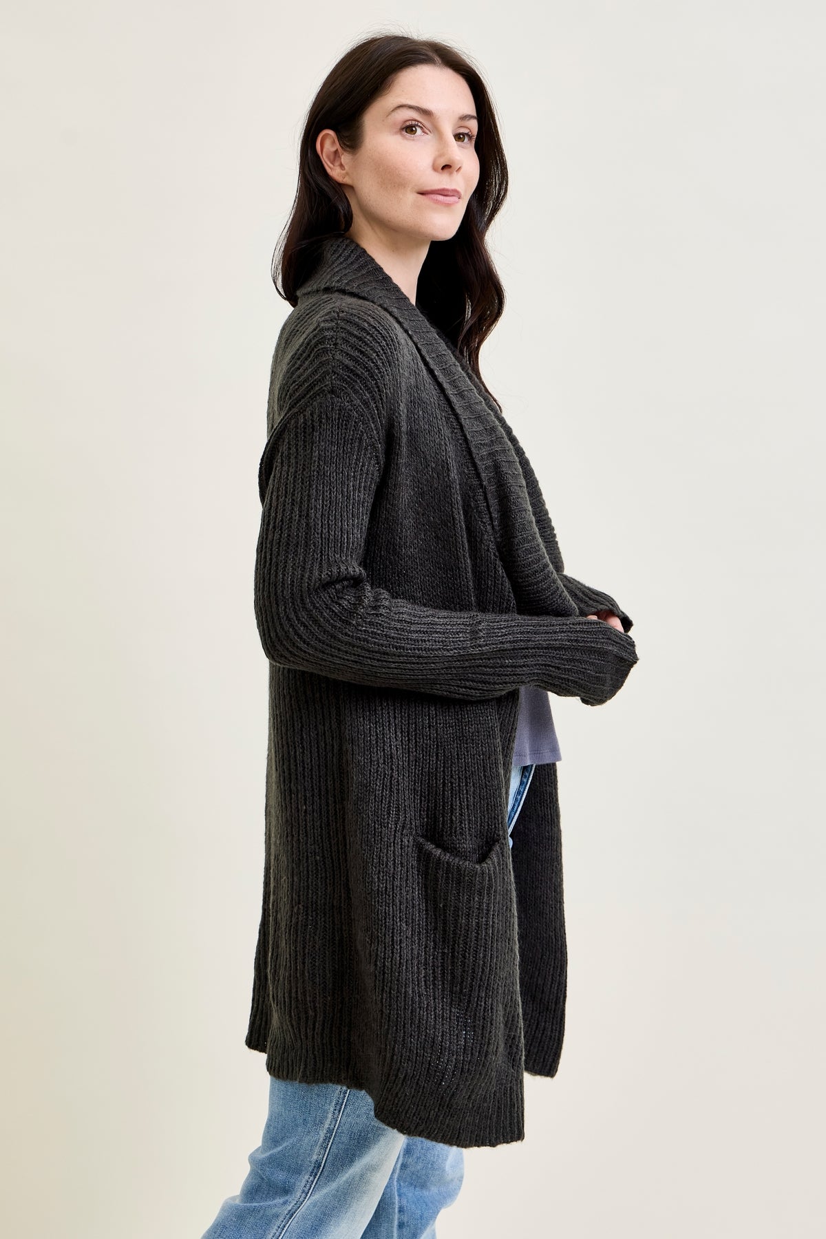 Drape Front Cardigan Charcoal Grey Sweater