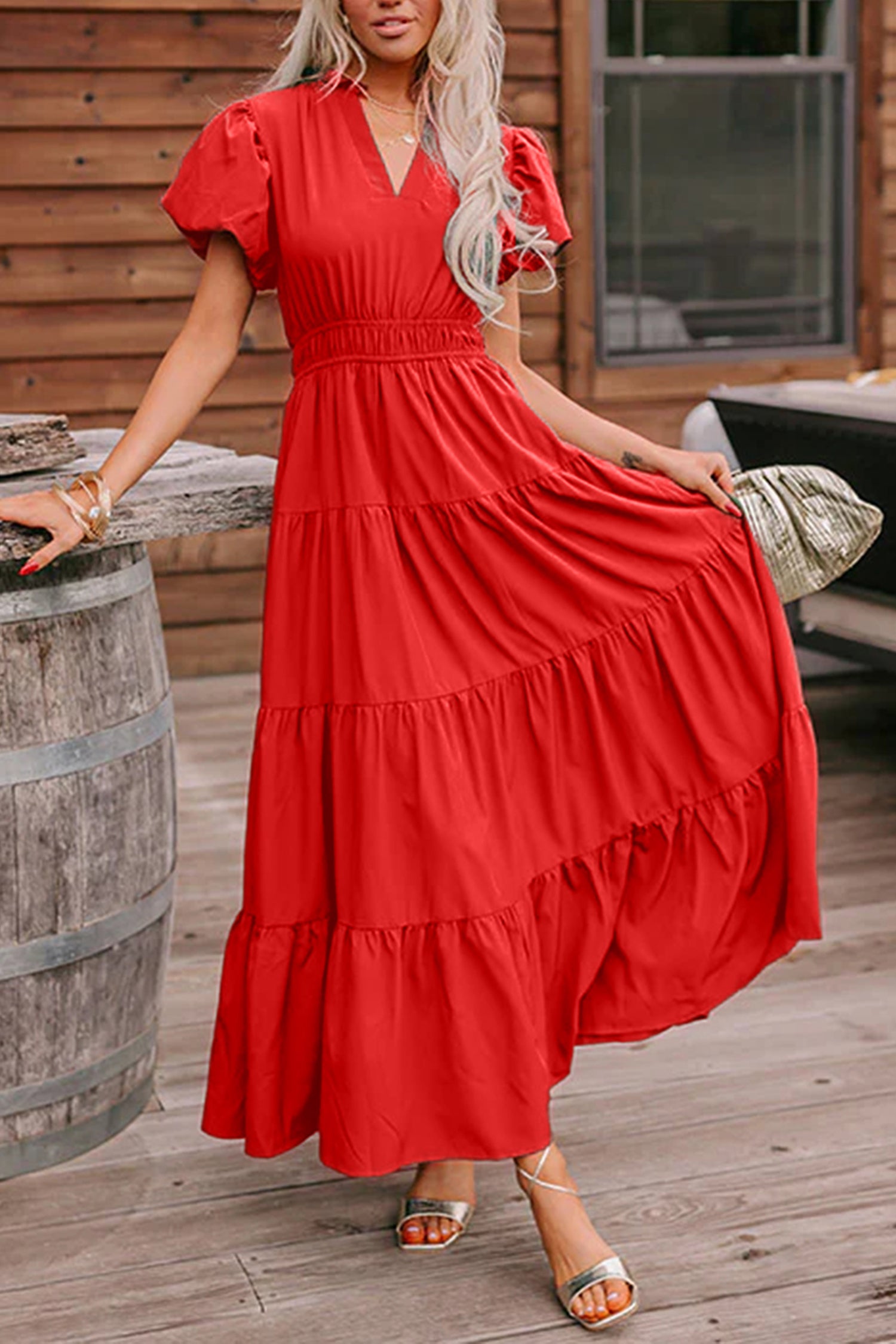 Coral Solid Color V Neck Short Puff Sleeve High Waist Tiered Maxi Dress
