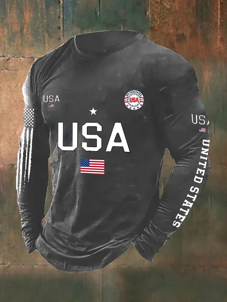 Men'S Retro American Flag Independence Day 250Th Anniversary Commemorative Edition Classic Printed Long Sleeve