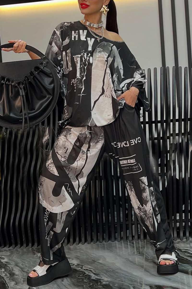 Ladies' Round Neck Printed Top + Pants Casual Set