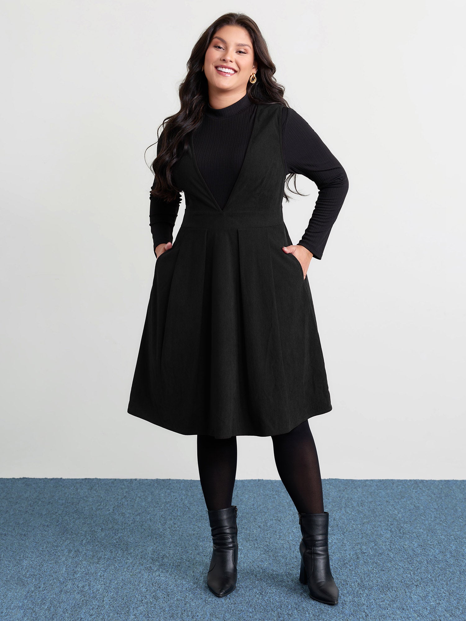 Corduroy Stretchy Waist V-Neck Mini Dress