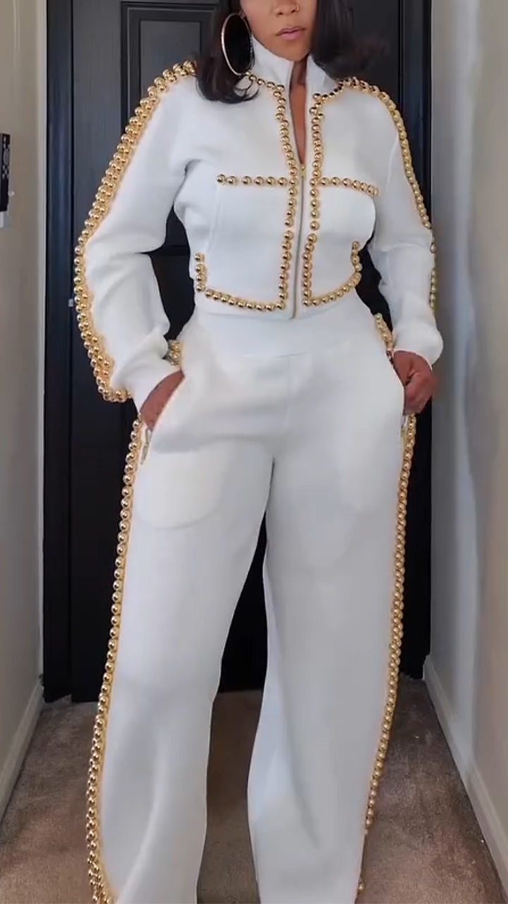 Women High Neck Round Bead Decorative Jacket+ Pants Temperament Casual Suit