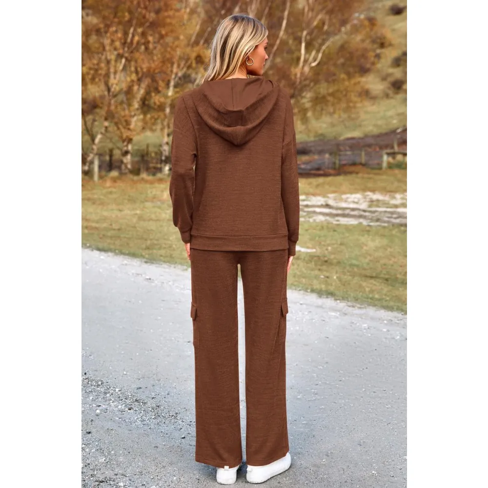Women’s Casual Knit Tracksuit – Hoodie & Wide Leg Pants with Pockets