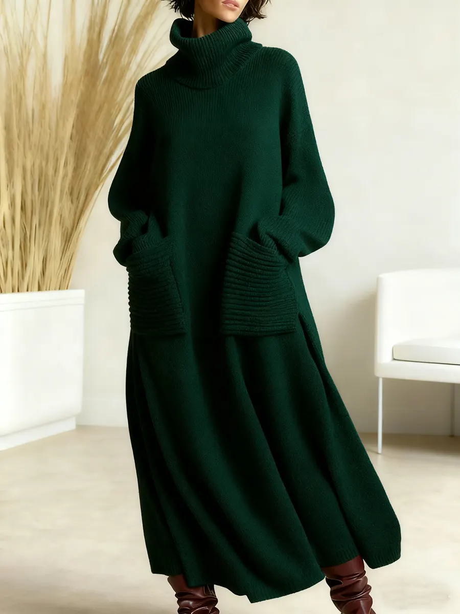 Women's Solid Color High-Neck Long-Sleeve Casual Loose Knit Dress