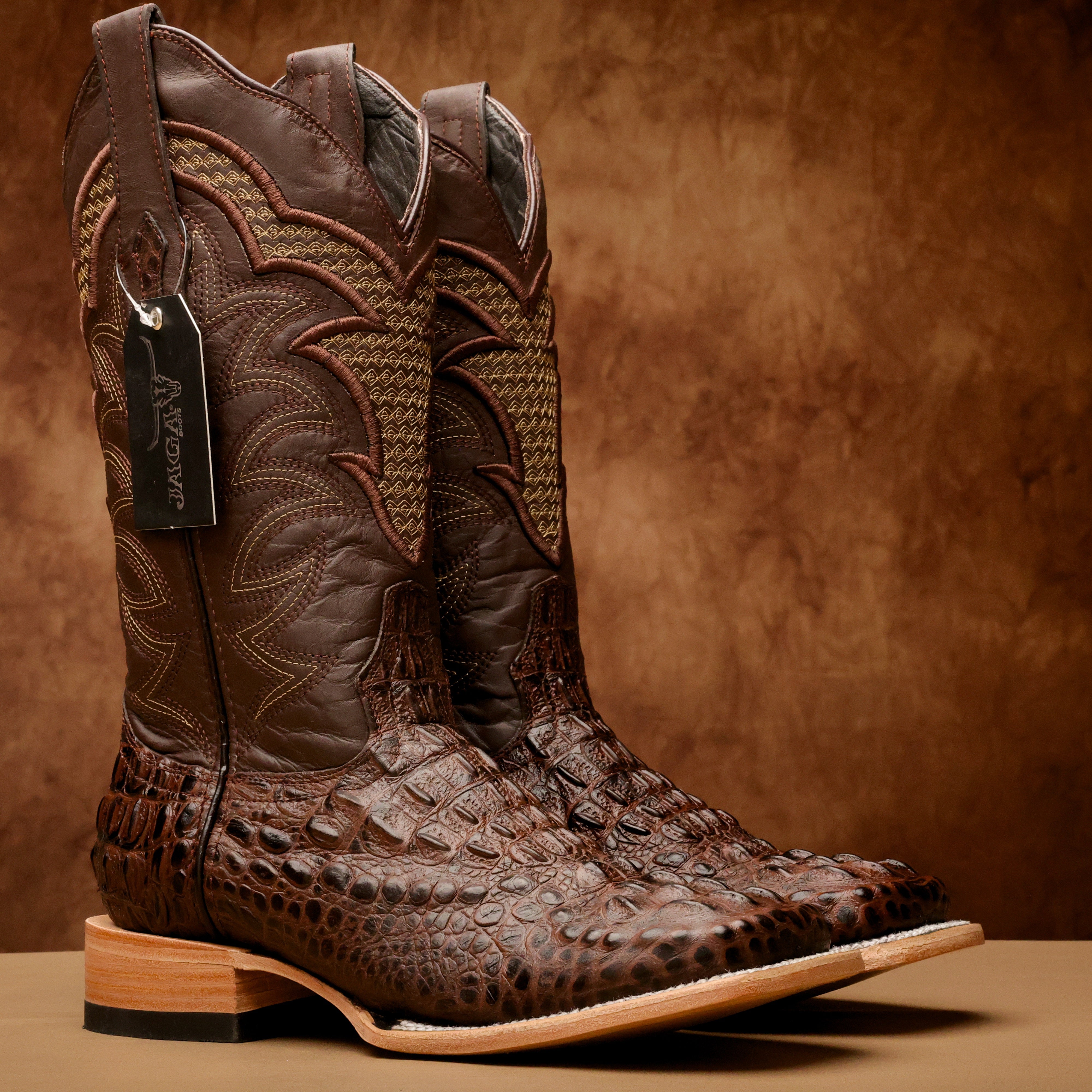 Brown Caiman Neck Leather Boots - Square Toe